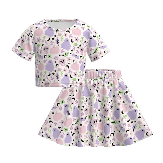 Girls Fall Halloween Pink Lavender Ghost Print Skrit Set