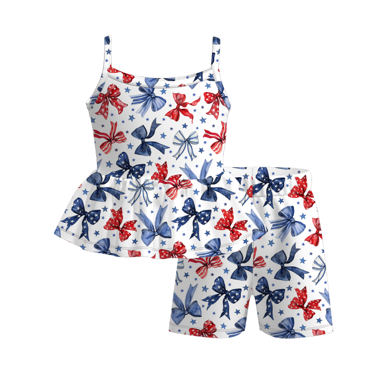 Girls Summer July 4th Blue Red Bow Print Short Set