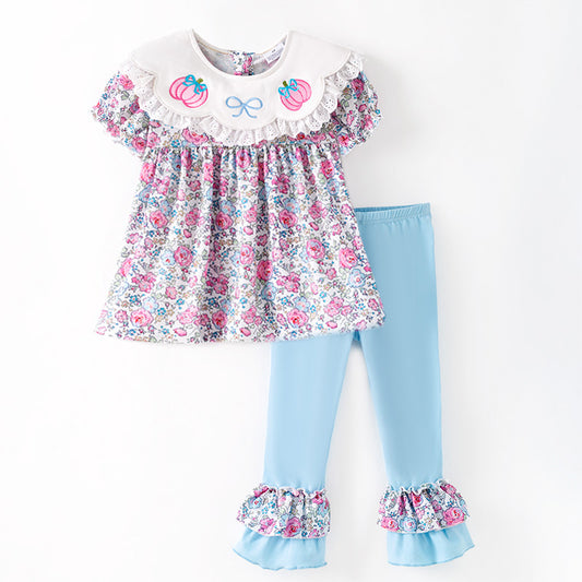 Fall Thanksgiving Girls Smocked Outfit Set – Pumpkin Embroidery Floral Sibling Collection