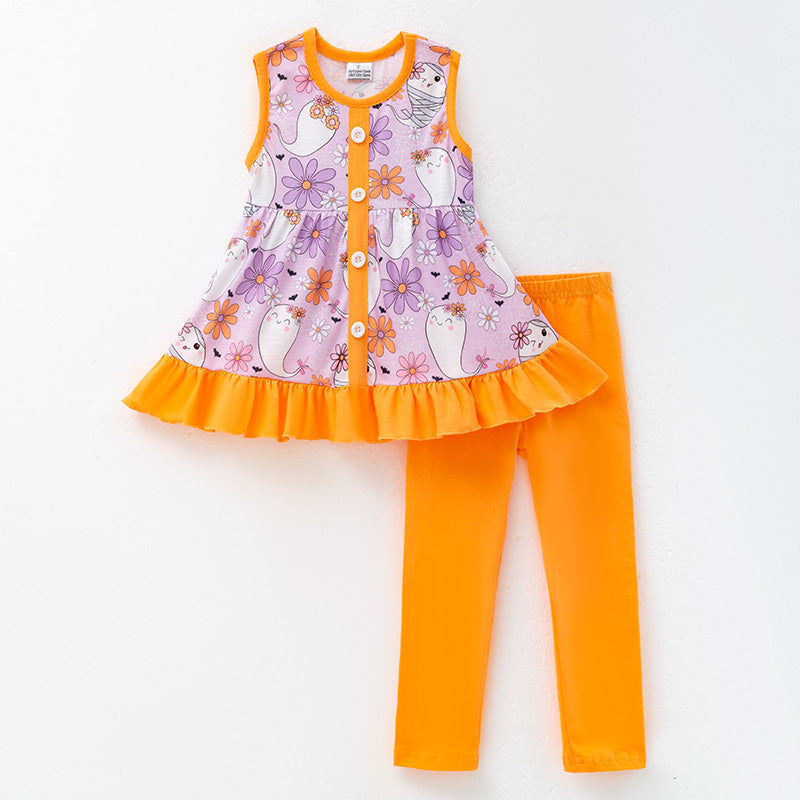 Girls Purple Orange Ghost Halloween Sleeveless Pant Set