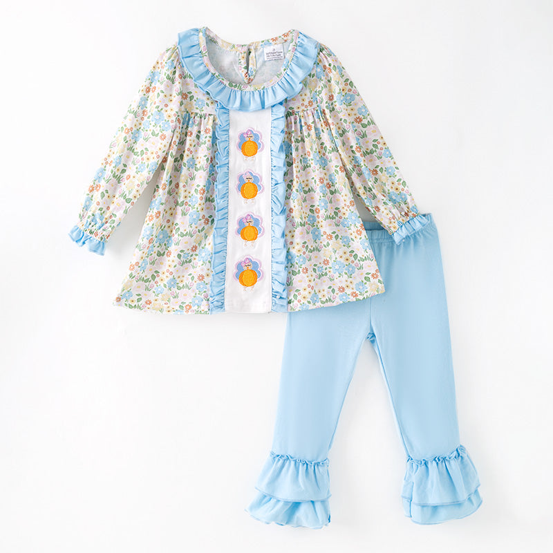 Thanksgiving Girls Smocked Outfit Set – Turkey Floral Embroidery Sibling Collection