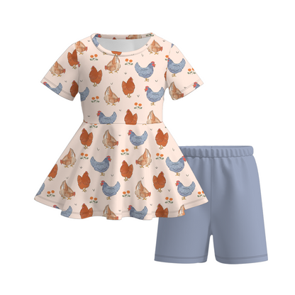 Girls Summer Chick Flower Bow Short Set