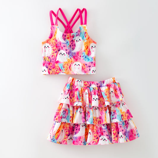 Girls Halloween Ghost Cute Slip Ruffled Skirt Set