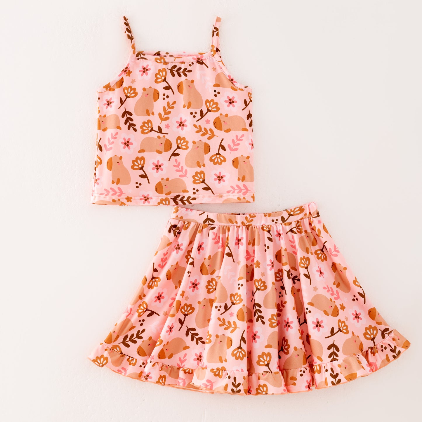 Girls Summer Fall Animal Floral Print Slip Top Skirt Set