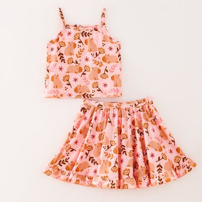 Girls Summer Fall Animal Floral Print Slip Top Skirt Set