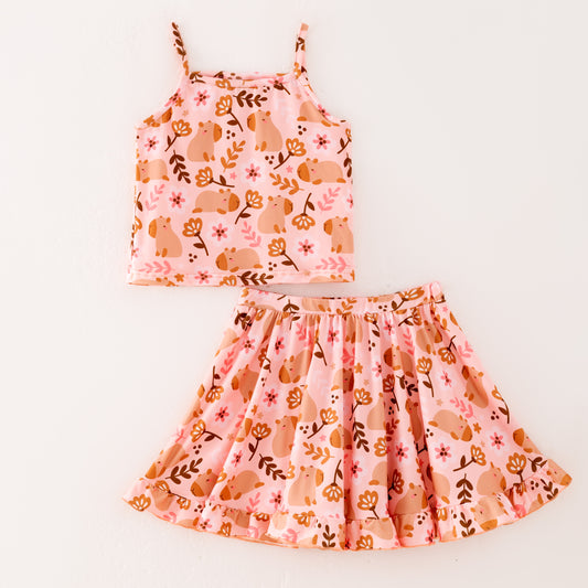 Girls Summer Fall Animal Floral Print Slip Top Skirt Set