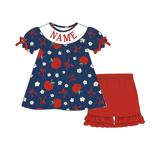 Girls Back To School Custom Name Red Blue Apple Short Set