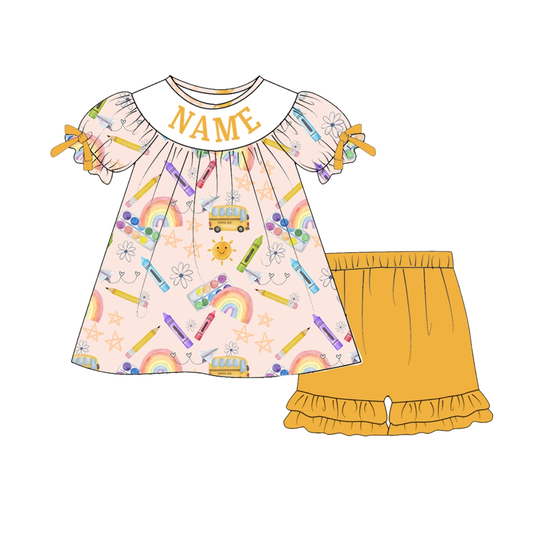 Girls Back To School Custom Name Yellow Pencil Short Set