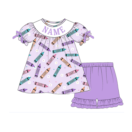 Girls Back To School Custom Name Purple Pencil Short Set