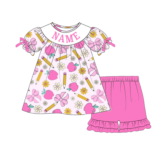 Girls Back To School Custom Name Pink Apple Pencil Short Set
