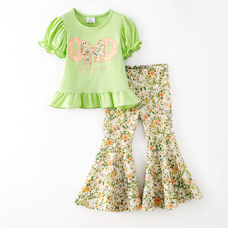 Girls Fall "GOD IS GOOD" Embroidery Green Floral Bell Pant Set