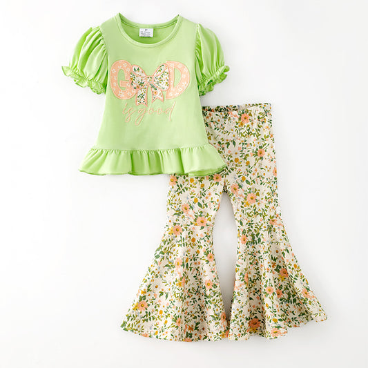 Girls Fall "GOD IS GOOD" Embroidery Green Floral Bell Pant Set