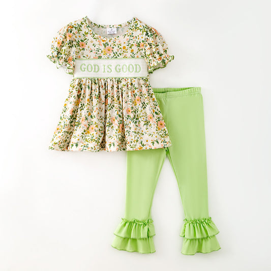 Girls Fall "GOD IS GOOD" Smocked Embroidery Green Floral Pant Set