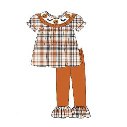 Kids Halloween Orange Plaid Collection-Pumukin Bat Smocked Embroidered