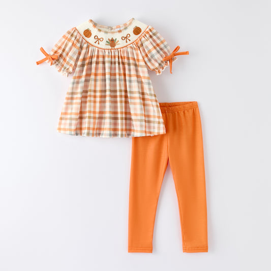 Thanksgiving Pumpkin Turkey Bow Embroidery Smock Fall Pant Set
