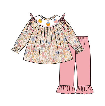 Girls Fall Halloween Pumpkin Embroidery Sibling Outfits
