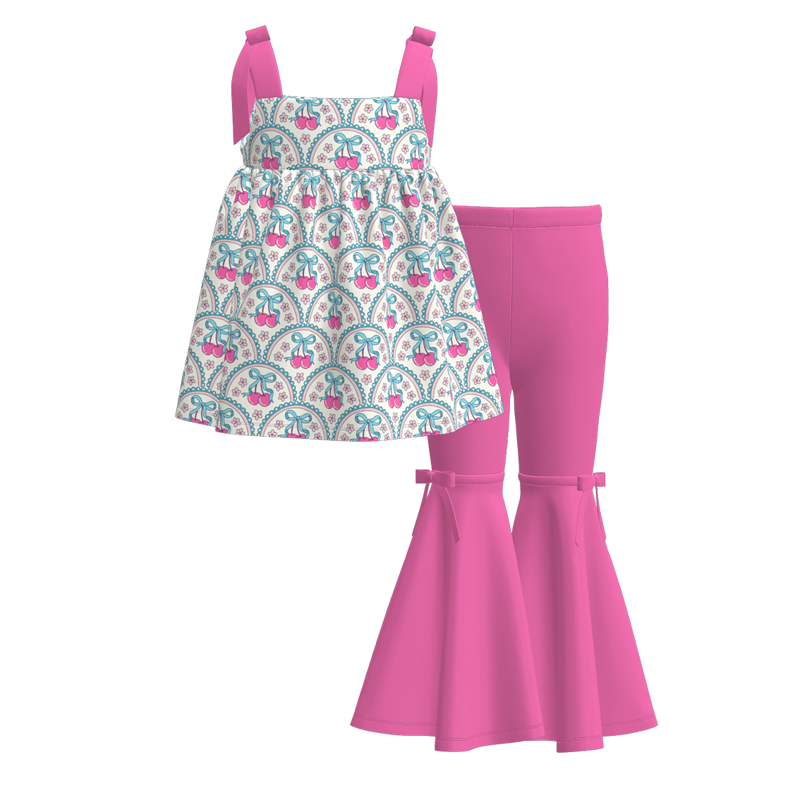 Girls Summer Milk Silk Cute Print Slip Top Bell Pant Set