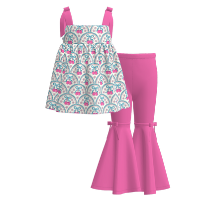 Girls Summer Milk Silk Cute Print Slip Top Bell Pant Set