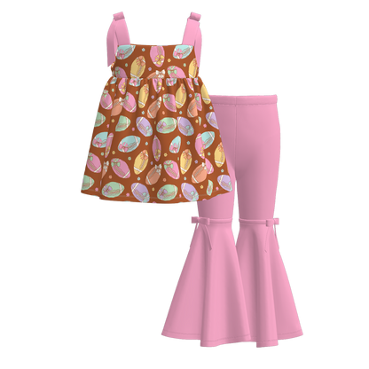 Girls Summer Milk Silk Cute Print Slip Top Bell Pant Set