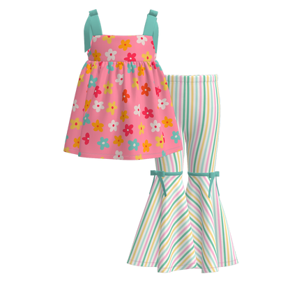 Girls Summer Milk Silk Cute Print Slip Top Bell Pant Set