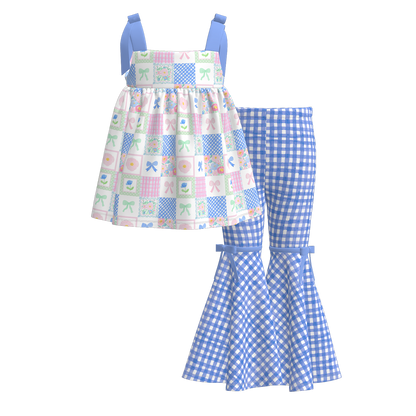 Girls Summer Milk Silk Cute Print Slip Top Bell Pant Set