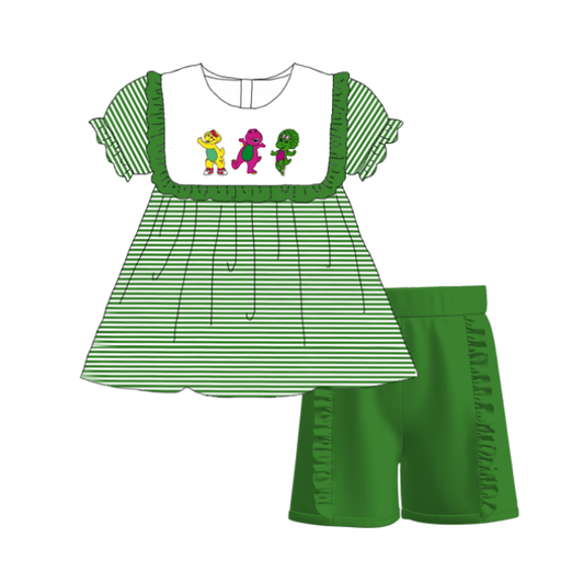 Kids Summer Cartoon Green Stripes Embroidery Sibling Clothes