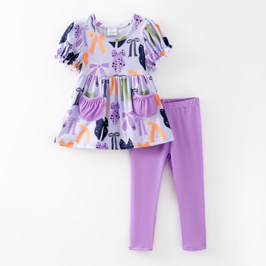 Girls Halloween 2-Piece Outfit – Soft Fabric Pumpkin & Bow Pocket Set