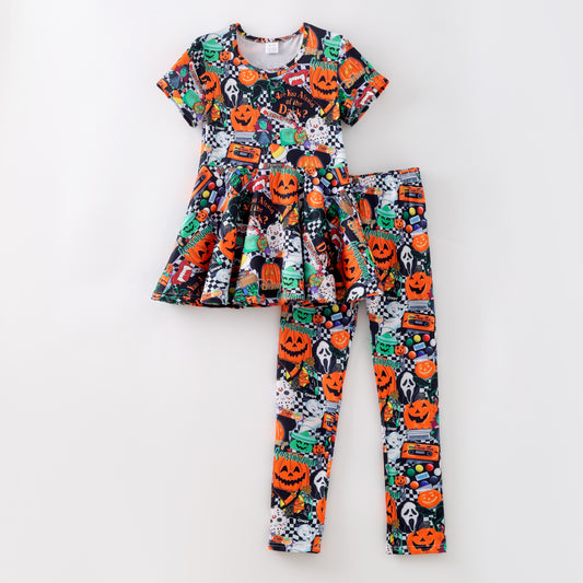 Girls Halloween 2-Piece Outfit – Soft Fabric Pumpkin & Ghost Print Dress with Leggings