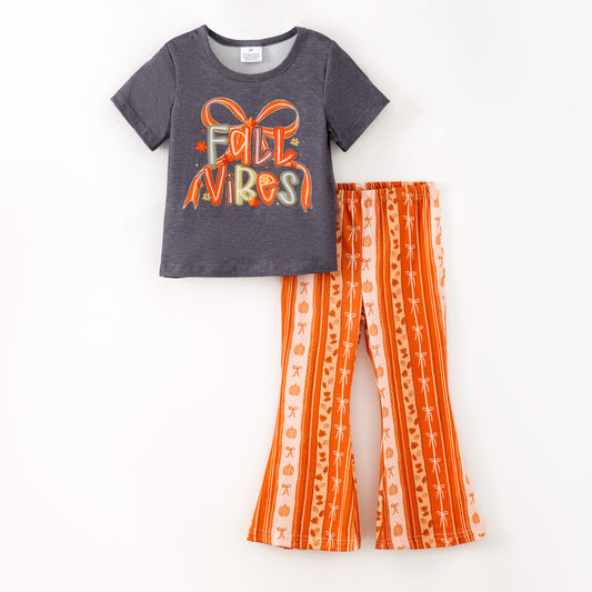 Girls Fall Vibes Grey Orange Bow Bell Pant+Top Set