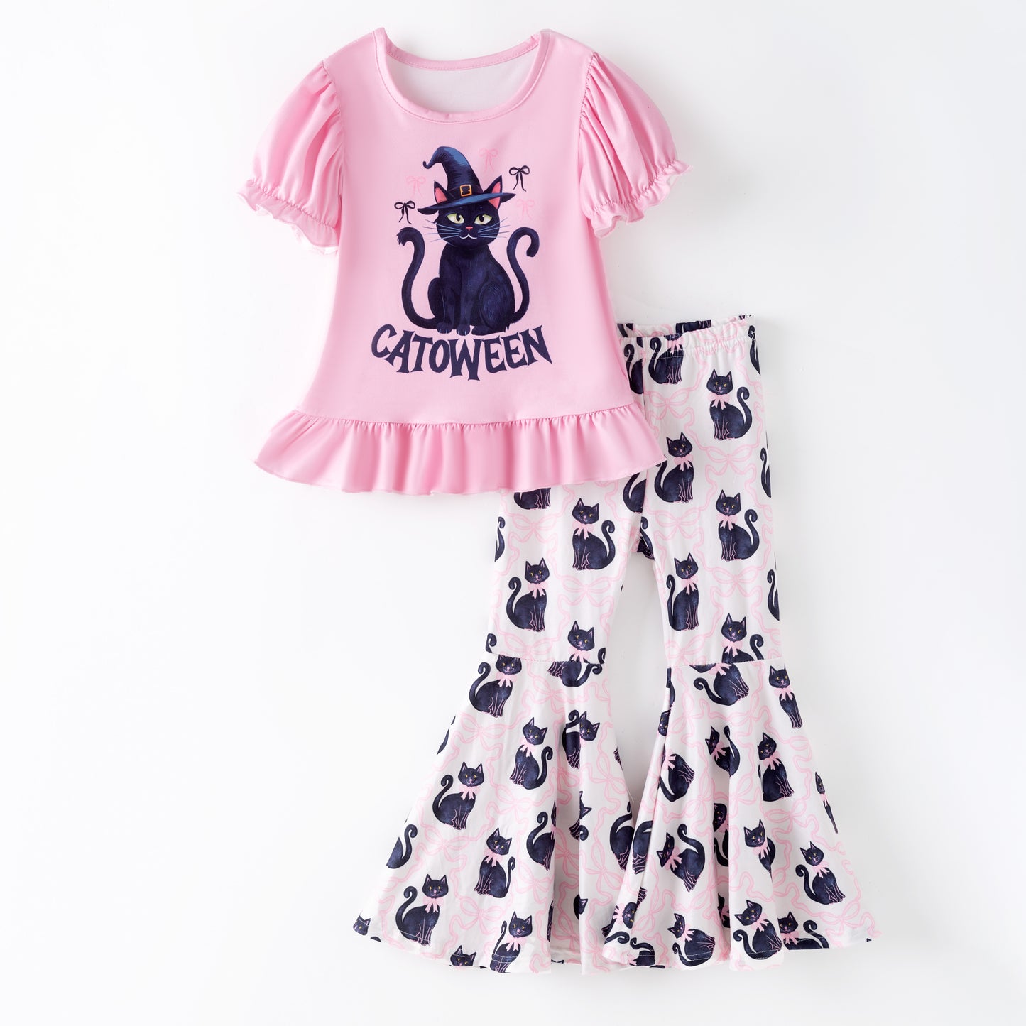 Girls 2 Pieces Fall Halloween Cat Pink Bow Print Pant Set
