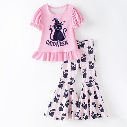 Girls 2 Pieces Fall Halloween Cat Pink Bow Print Pant Set