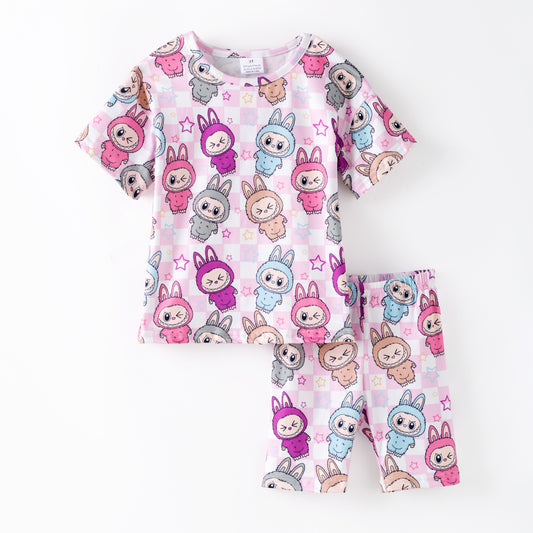 Girls 2 Pieces Labubu Pink Plaid Short Set