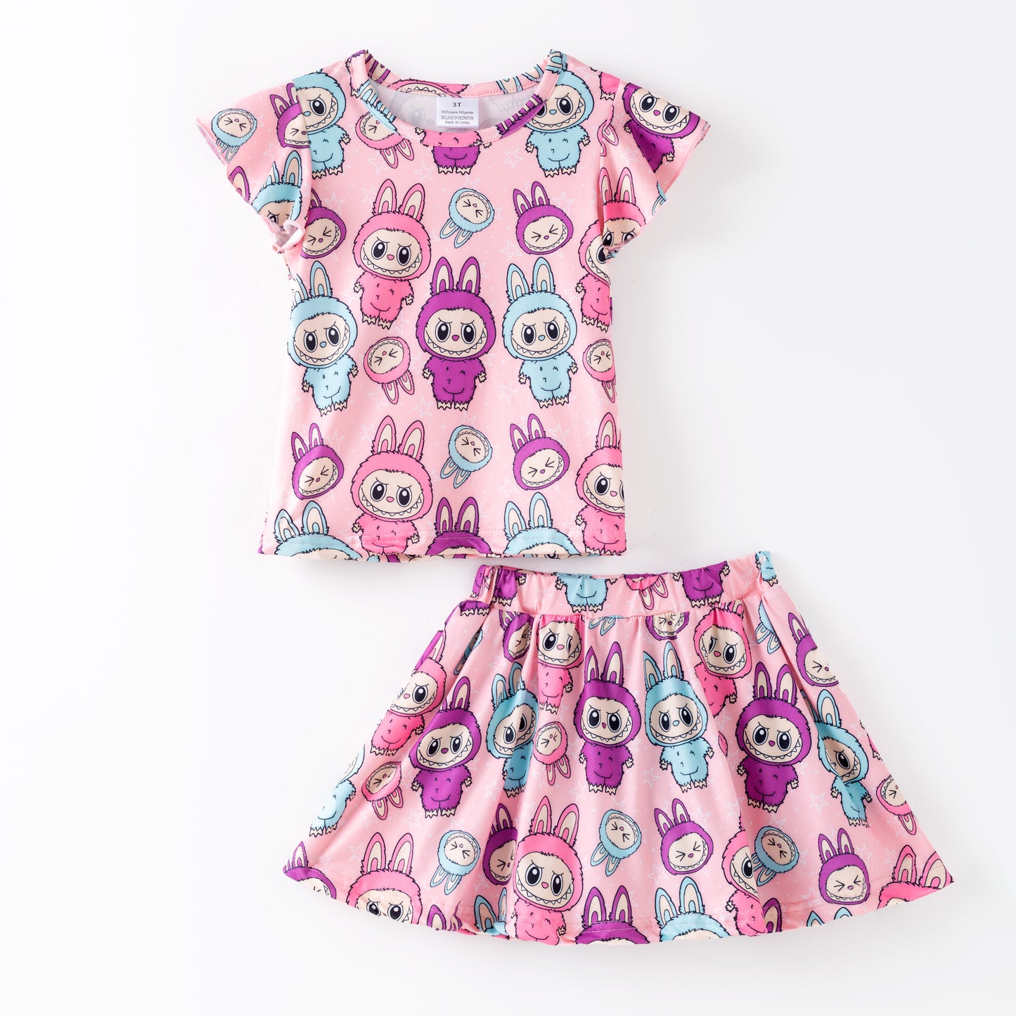 Girls 2 Pieces Pink Blue Labubu Print Top & Athletic Skirt Set