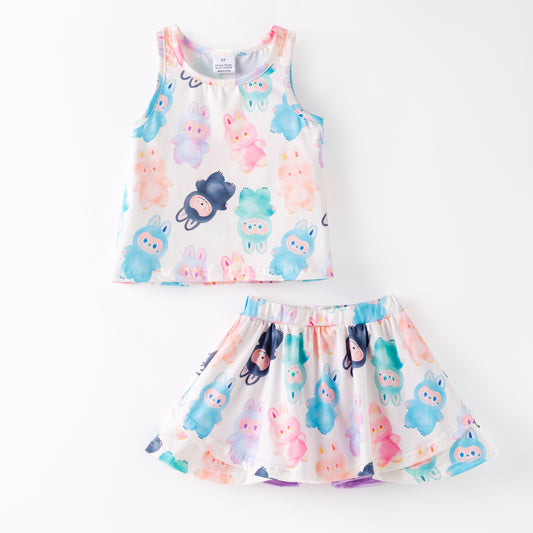Girls 2 Pieces Fall Summer Labubu Print Top & Athletic Skirt Set