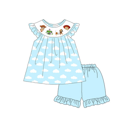 Kids Blue Cloud Cartoon Embroidery Smocked Sibling Clothes Collection