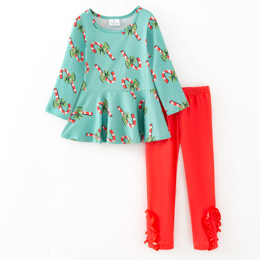 Girls Christmas Candy Cane Christmas Tree Top + Pant Set