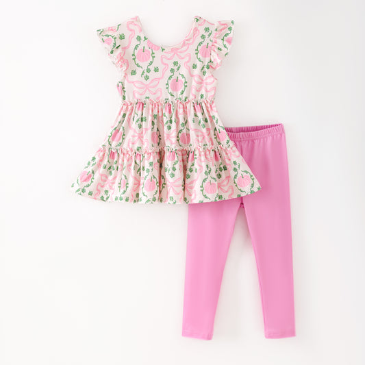Girls Fall Pink Floral Print Ruffled Pink Pant Set