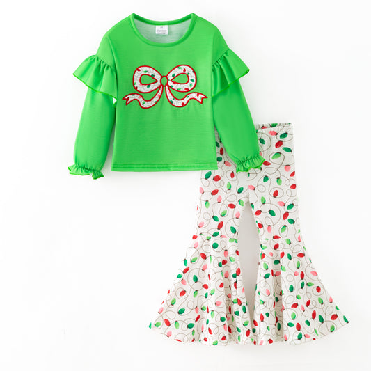 Girls Christmas Winter Pink Green Bow Printed Top + Pant Set