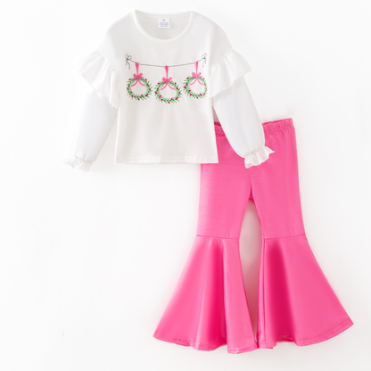 Girls Christmas Winter Pink Green Bow Printed Top + Pant Set