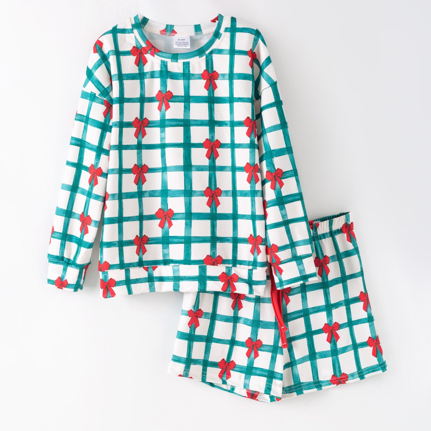 Christmas Long Sleeve Top & Shorts Set – Green Plaid Red Bow Print