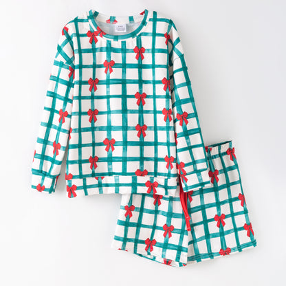 Christmas Long Sleeve Top & Shorts Set – Green Plaid Red Bow Print