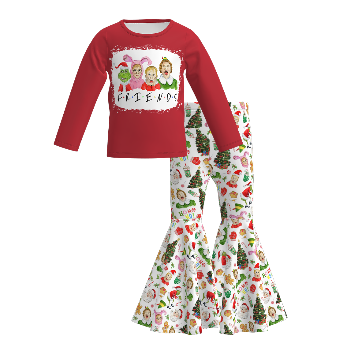 Girls Christmas Cartoon Print Long Sleeves Bell Pant Set