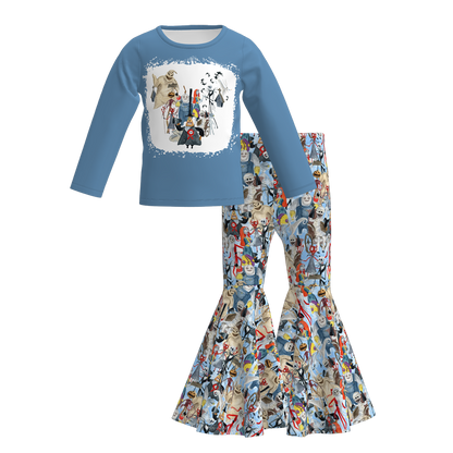Girls Christmas Cartoon Print Long Sleeves Bell Pant Set