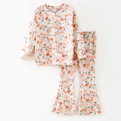Girls Fall Winter Coral Pink Floral Print Long Sleeves Pant Set