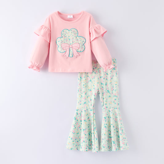 St. Patrick’s Day Sweet Clover Charm Embroidered Pink Pant Set