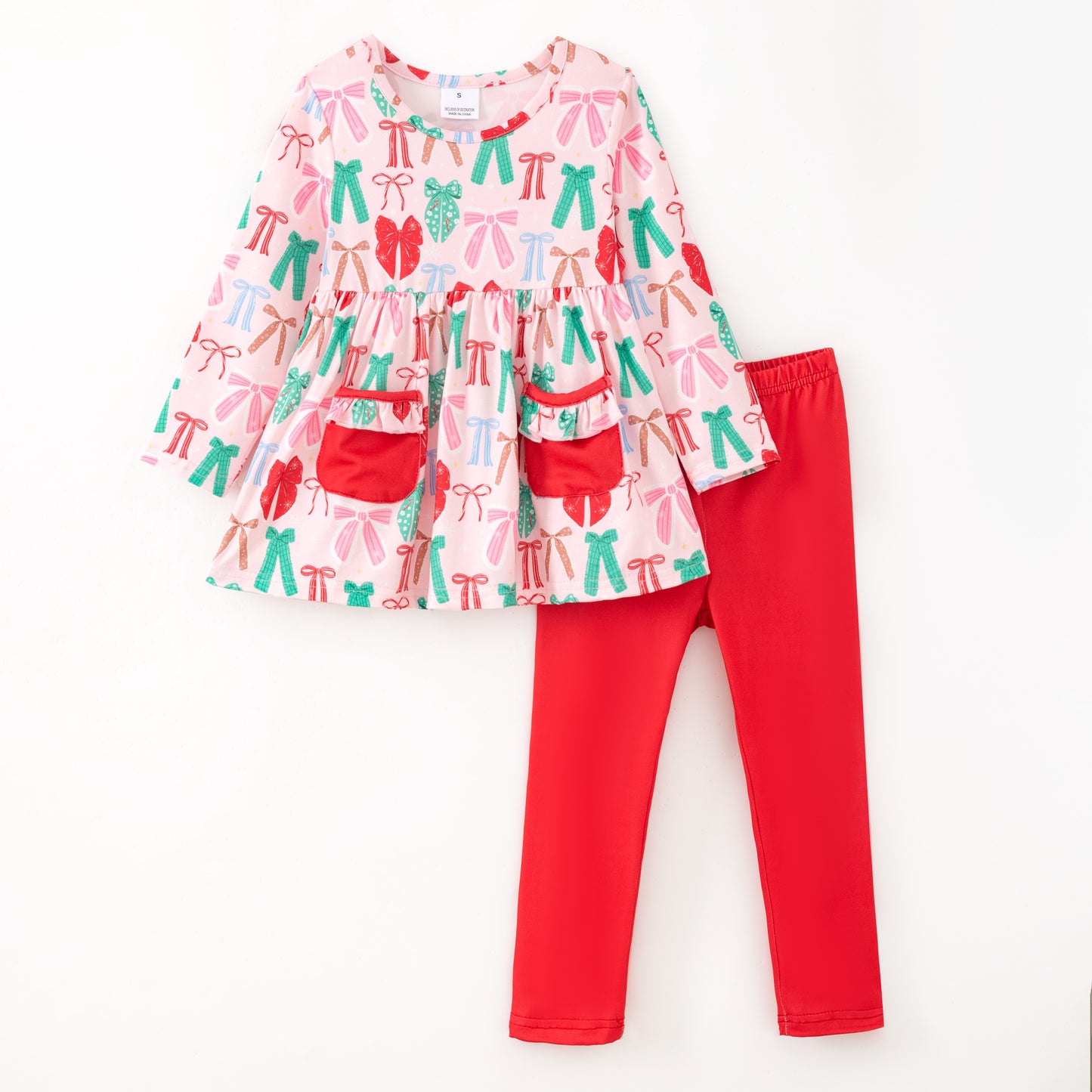 Girls Christmas Winter Red Green Bow Pocket Pant+Top Set