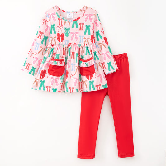 Girls Christmas Winter Red Green Bow Pocket Pant+Top Set