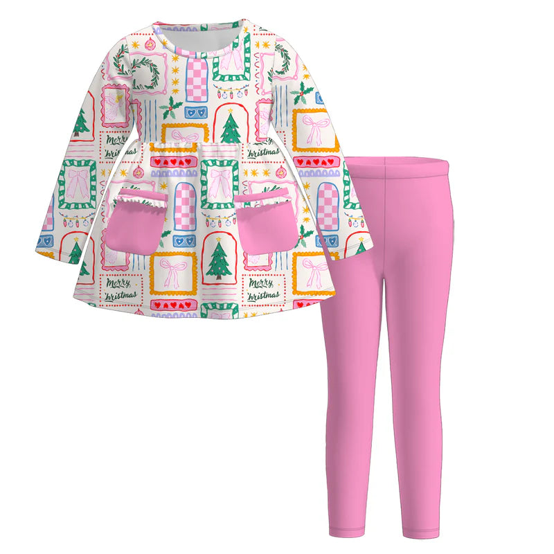 Girls Christmas Print Plaid Red Green Pink Pant Set & Dress