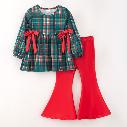 Girls Christmas Green Red Bow Plaid Bell Pant Set