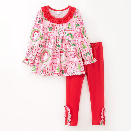 Girls Christmas Winter Red Santa Bow Pocket Pant+Top Set